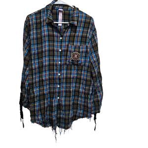 Savage x Fenty Plaid Shirt Small Raw Hem Button Up